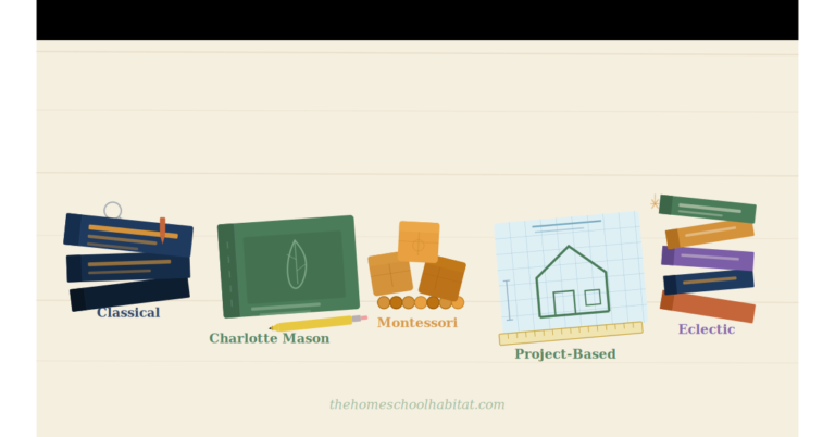 Flat lay of homeschool curriculum books representing different learning methods — secular, faith-based, and nature-based