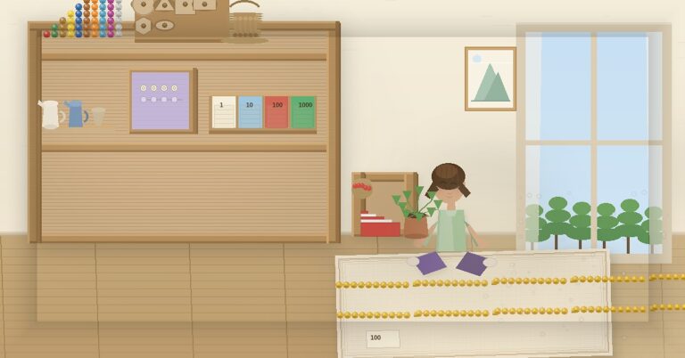 a Montessori homeschooling child working independently with golden bead chains on a mat on the floor