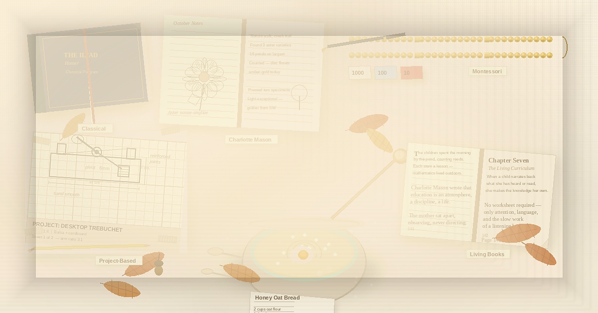 eclectic homeschooling one book from a classical program, one nature journal (CM), a Montessori bead chain, a project blueprint, and a mixing bowl with ingredients. All six methods represented on one cream surface